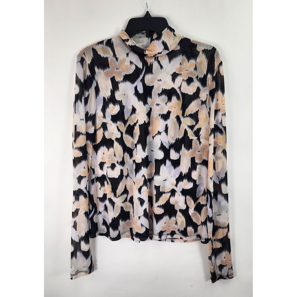 Cabi Mesh Mock Turtleneck Top Women's L Floral Back Zip Lightweight Stretch